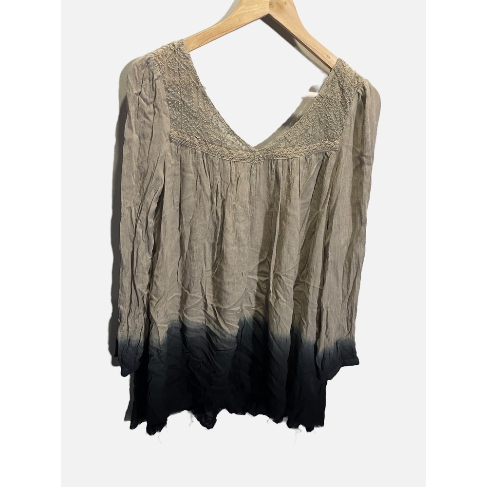 Free People Tunic Top Womens XS Taupe Black Ombre Lace Boho Embroidered Blouse